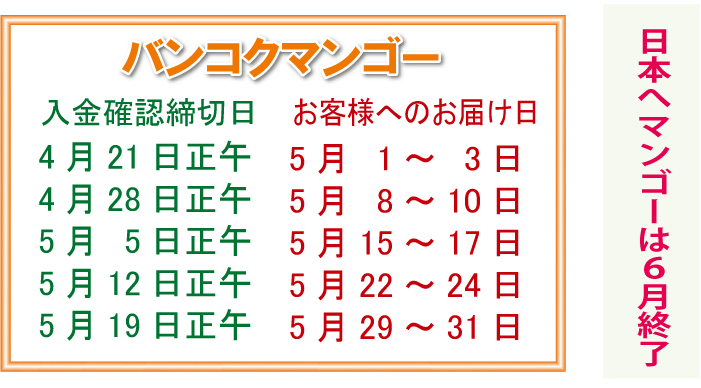 「バンコクマンゴー」日本へマンゴーは6月終了