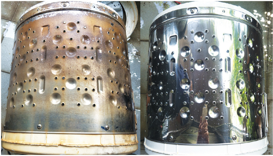 ドラムの洗浄前（左）と洗浄後（左）