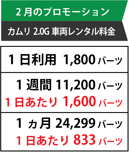 トヨタ・バラ・カーレンタル 2月はカムリーのレンタルが安い