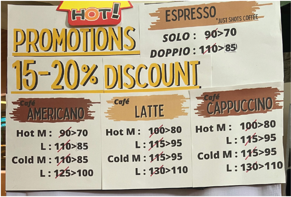 店頭で告知しているプロモーション中のコーヒー価格表